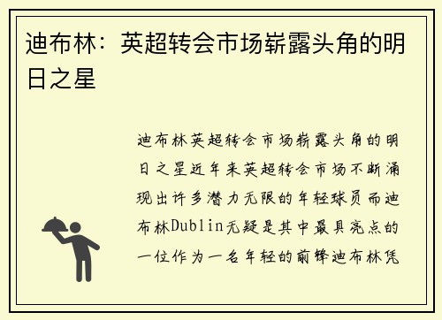 迪布林:英超转会市场崭露头角的明日之星 迪布林:英超转会市场崭露头角的明日之星