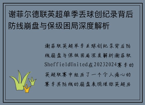 谢菲尔德联英超单季丢球创纪录背后防线崩盘与保级困局深度解析