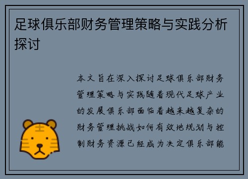 足球俱乐部财务管理策略与实践分析探讨