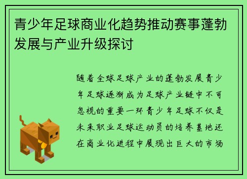 青少年足球商业化趋势推动赛事蓬勃发展与产业升级探讨