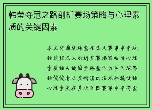韩莹夺冠之路剖析赛场策略与心理素质的关键因素 韩莹夺冠之路剖析赛场策略与心理素质的关键因素
