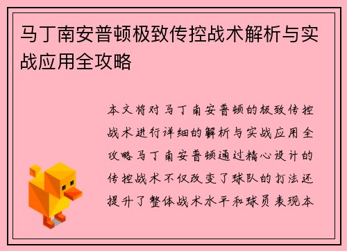 马丁南安普顿极致传控战术解析与实战应用全攻略 马丁南安普顿极致传控战术解析与实战应用全攻略