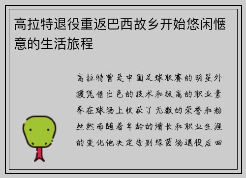 高拉特退役重返巴西故乡开始悠闲惬意的生活旅程