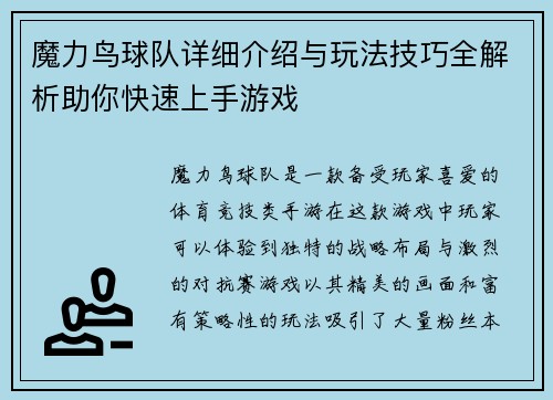 魔力鸟球队详细介绍与玩法技巧全解析助你快速上手游戏