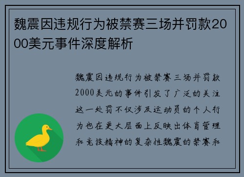 魏震因违规行为被禁赛三场并罚款2000美元事件深度解析 魏震因违规行为被禁赛三场并罚款2000美元事件深度解析